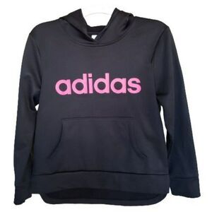 Adidas Girls Pullover Hoodie M Black Pink Logo Performance Sweatshirt sz 10/12